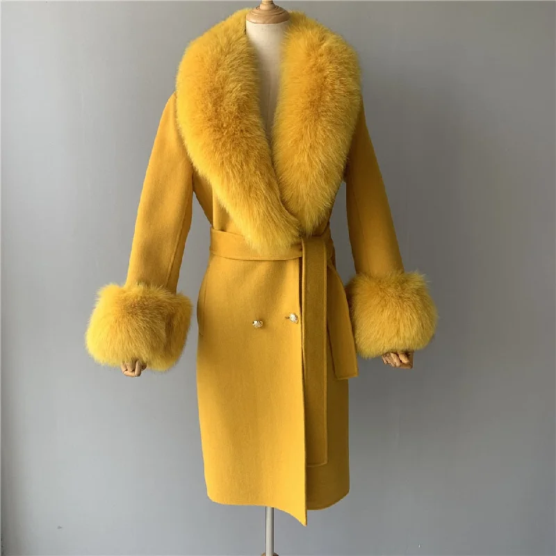 Women's Winter Mustard Yellow Wool Natural Fox Fur Collar Long Jacket