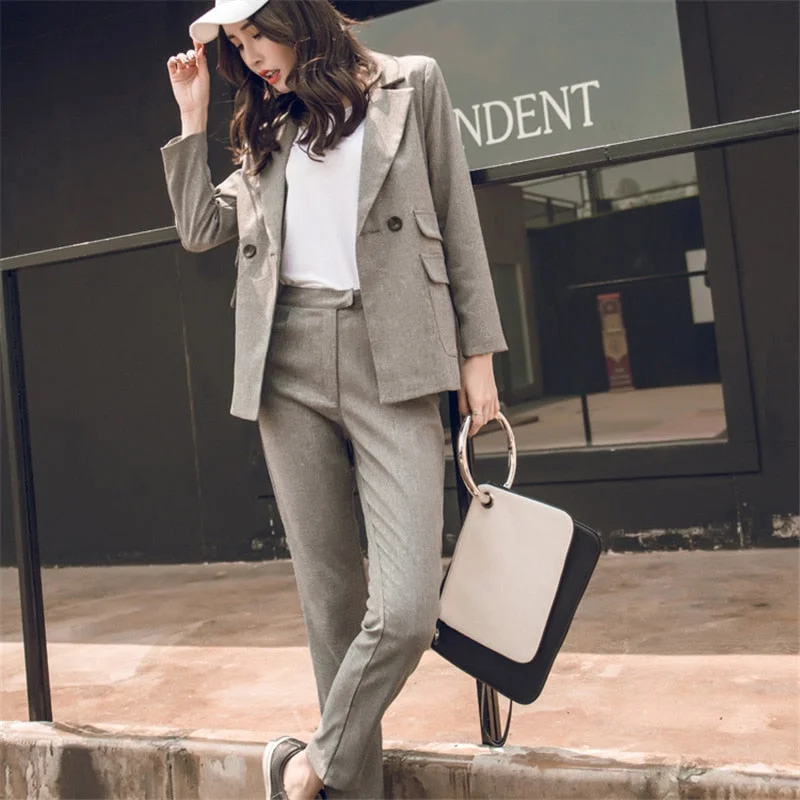 Women Suit Gray Casual Blazer & High Waist Pant Office Lady Notched Jacket Pant Suits Korean Femme 2 pieces set